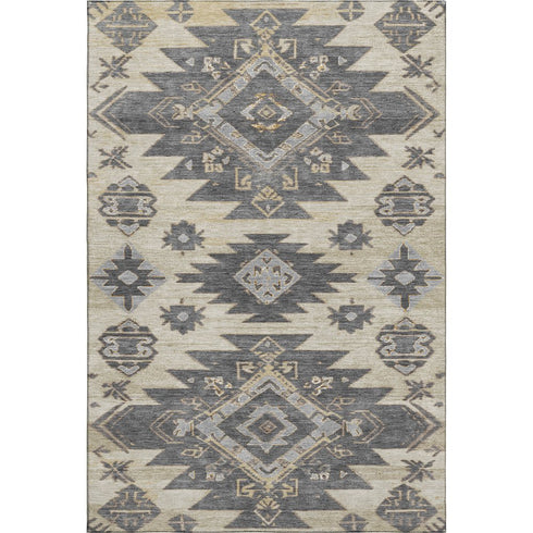 9' X 12' Beige Charcoal And Gray Tribal Washable Area Rug With UV Protection