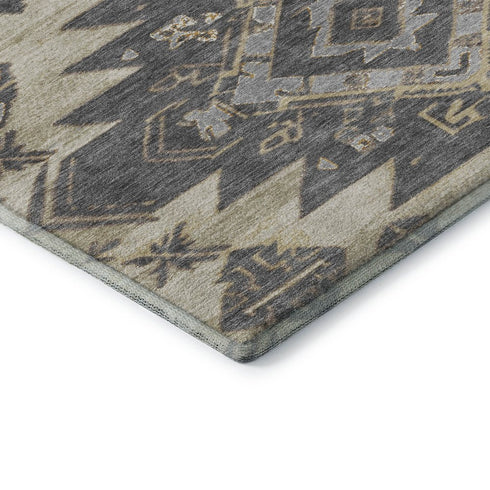 9' X 12' Beige Charcoal And Gray Tribal Washable Area Rug With UV Protection