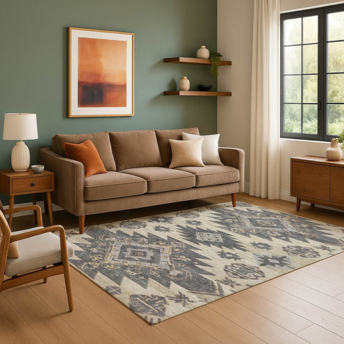 9' X 12' Beige Charcoal And Gray Tribal Washable Area Rug With UV Protection