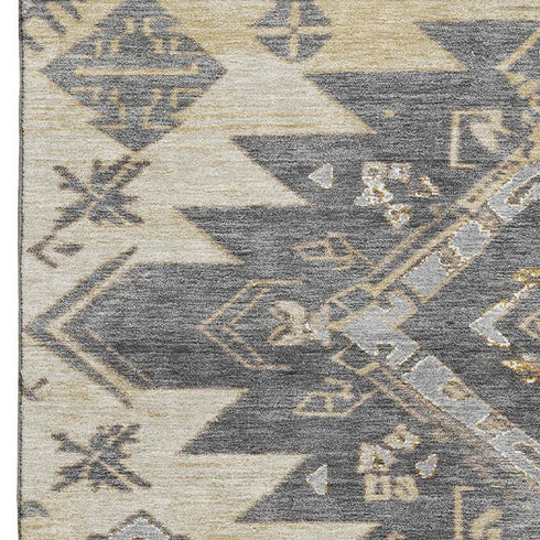 9' X 12' Beige Charcoal And Gray Tribal Washable Area Rug With UV Protection