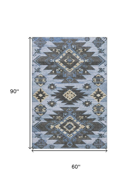 5' X 8' Blue Charcoal And Gray Tribal Washable Area Rug With UV Protection