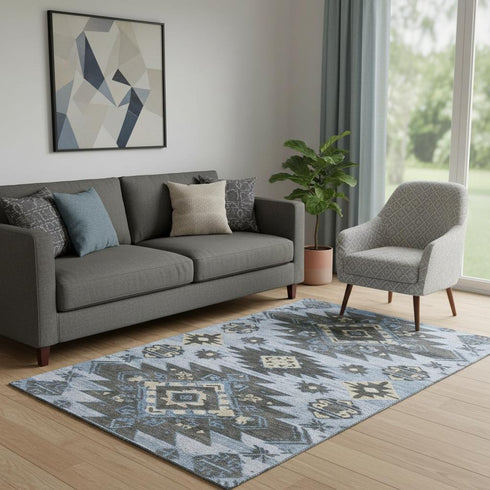 5' X 8' Blue Charcoal And Gray Tribal Washable Area Rug With UV Protection