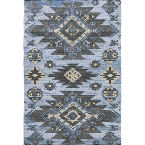 5' X 8' Blue Charcoal And Gray Tribal Washable Area Rug With UV Protection