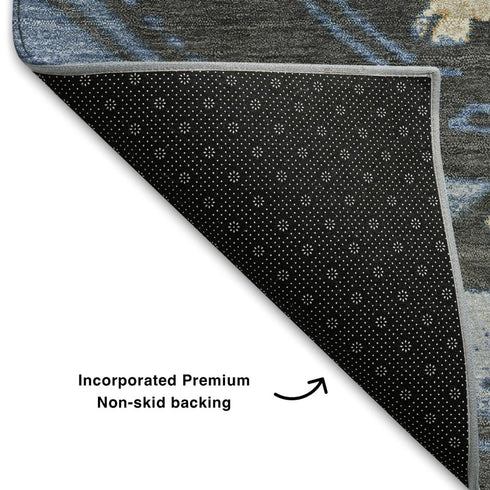 5' X 8' Blue Charcoal And Gray Tribal Washable Area Rug With UV Protection