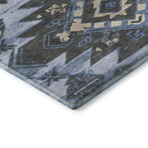 5' X 8' Blue Charcoal And Gray Tribal Washable Area Rug With UV Protection