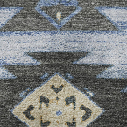 5' X 8' Blue Charcoal And Gray Tribal Washable Area Rug With UV Protection