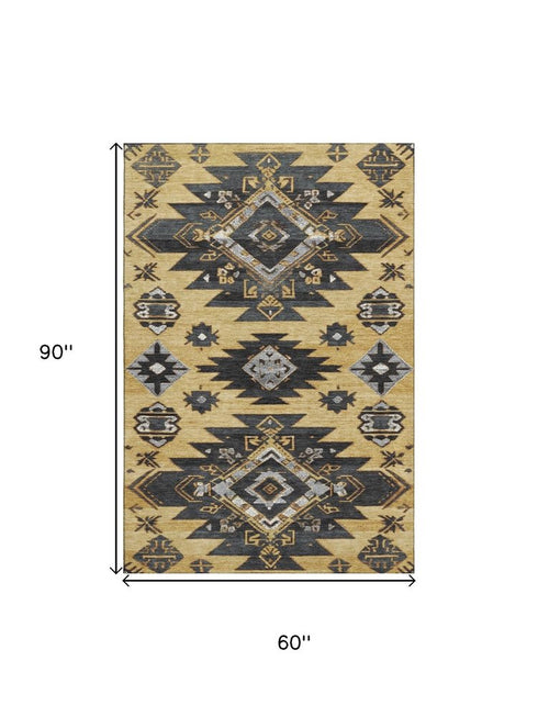 5' X 8' Gold Charcoal And Gray Tribal Washable Area Rug With UV Protection