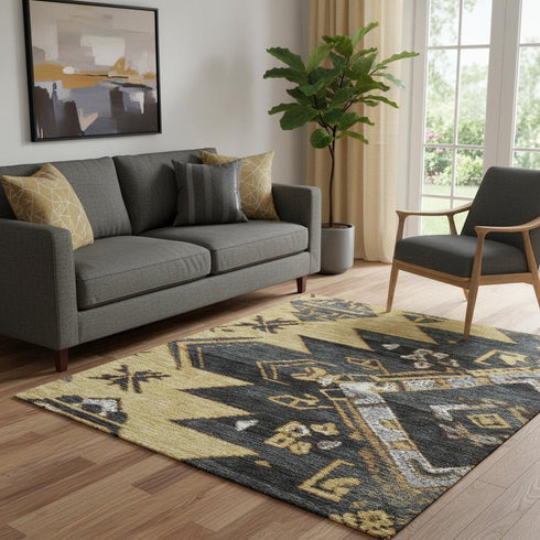 5' X 8' Gold Charcoal And Gray Tribal Washable Area Rug With UV Protection