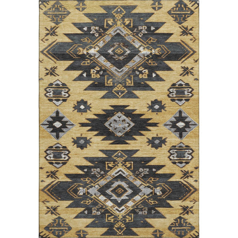 5' X 8' Gold Charcoal And Gray Tribal Washable Area Rug With UV Protection