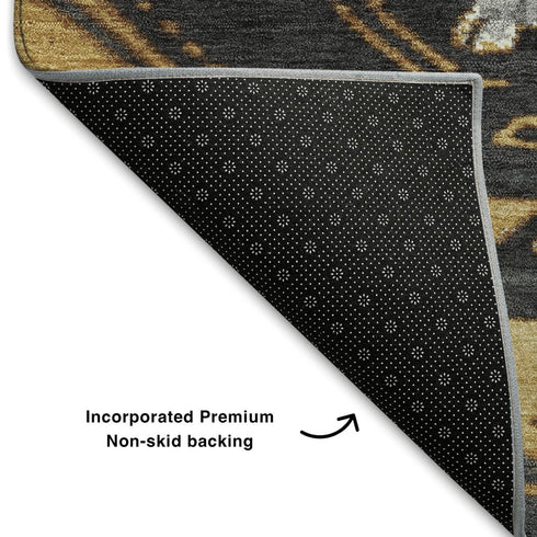 5' X 8' Gold Charcoal And Gray Tribal Washable Area Rug With UV Protection