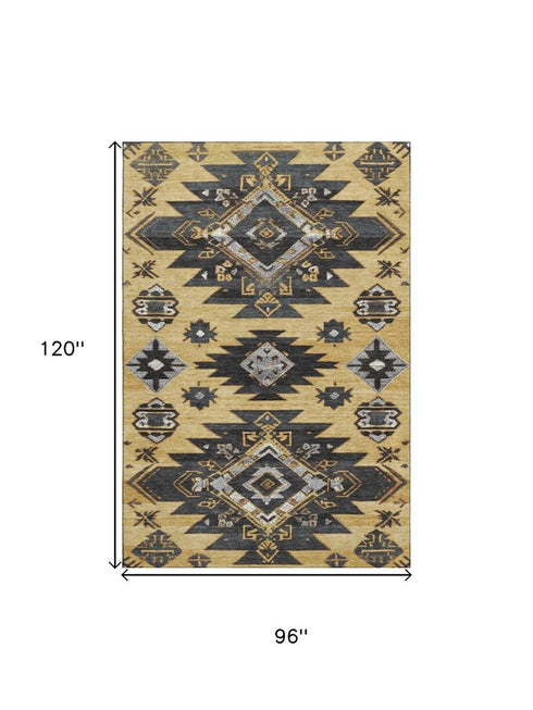 8' X 10' Gold Charcoal And Gray Tribal Washable Area Rug With UV Protection
