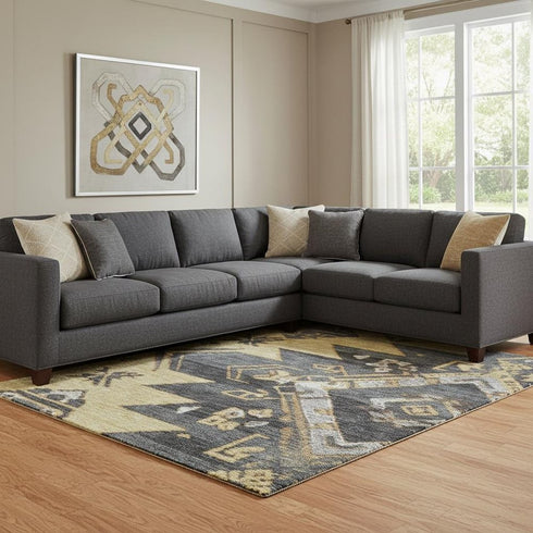 8' X 10' Gold Charcoal And Gray Tribal Washable Area Rug With UV Protection
