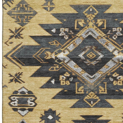 8' X 10' Gold Charcoal And Gray Tribal Washable Area Rug With UV Protection