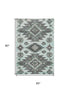 5' X 8' Mint Green Charcoal And Gray Tribal Washable Area Rug With UV Protection