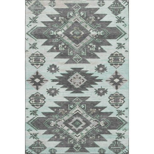 5' X 8' Mint Green Charcoal And Gray Tribal Washable Area Rug With UV Protection