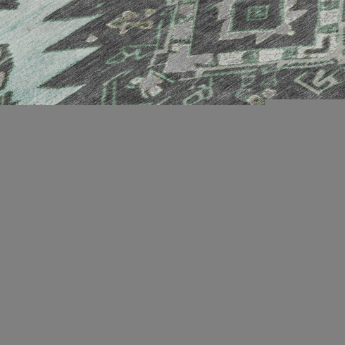 5' X 8' Mint Green Charcoal And Gray Tribal Washable Area Rug With UV Protection