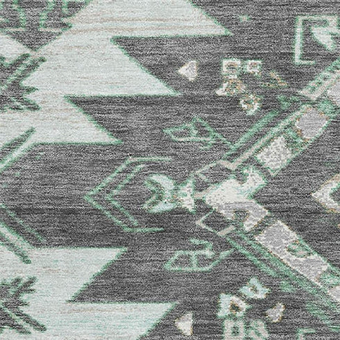 5' X 8' Mint Green Charcoal And Gray Tribal Washable Area Rug With UV Protection