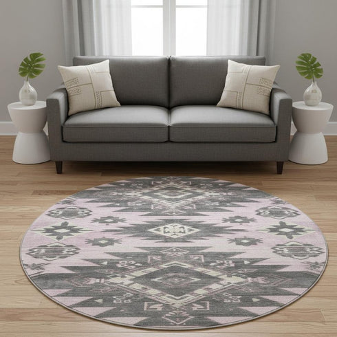 8' Pink Charcoal And Gray Tribal Washable Round Rug With UV Protection