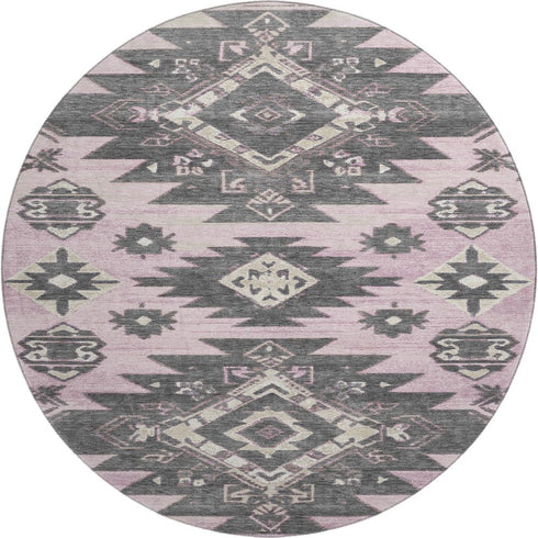 8' Pink Charcoal And Gray Tribal Washable Round Rug With UV Protection