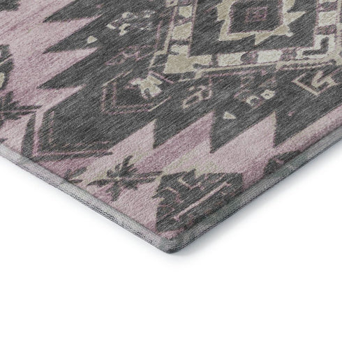 8' Pink Charcoal And Gray Tribal Washable Round Rug With UV Protection