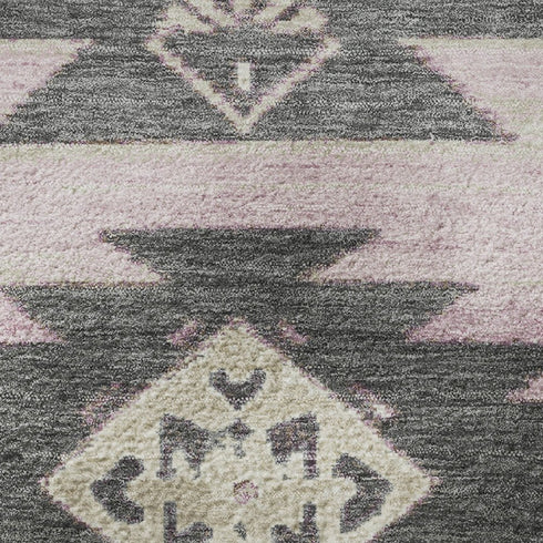8' Pink Charcoal And Gray Tribal Washable Round Rug With UV Protection
