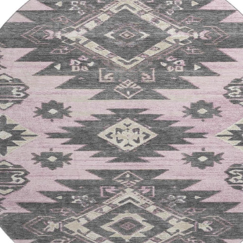 8' Pink Charcoal And Gray Tribal Washable Round Rug With UV Protection