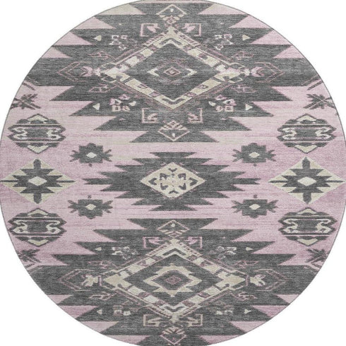 8' Pink Charcoal And Gray Tribal Washable Round Rug With UV Protection
