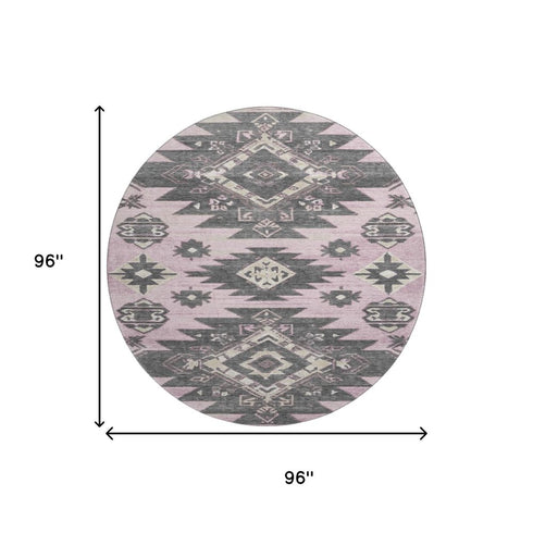 8' Pink Charcoal And Gray Tribal Washable Round Rug With UV Protection