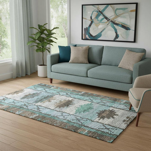 5' X 8' Brown Teal And Ivory Tribal Washable Area Rug With UV Protection
