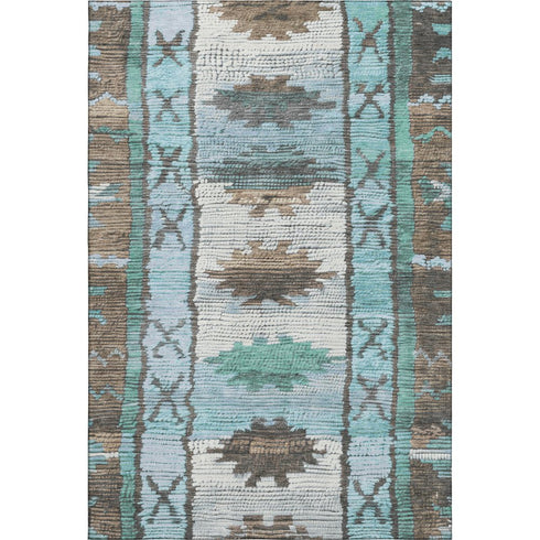 5' X 8' Brown Teal And Ivory Tribal Washable Area Rug With UV Protection