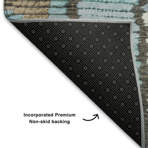 5' X 8' Brown Teal And Ivory Tribal Washable Area Rug With UV Protection