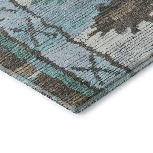 5' X 8' Brown Teal And Ivory Tribal Washable Area Rug With UV Protection