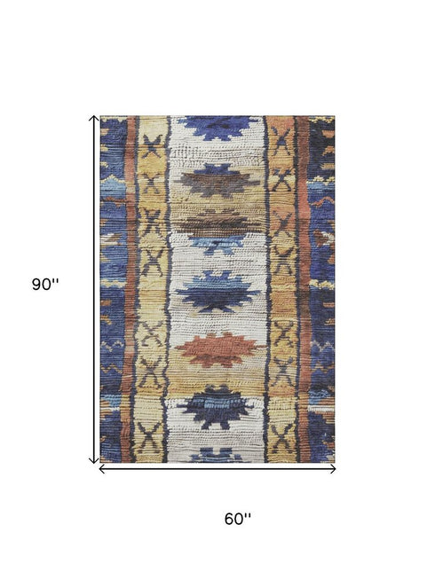 5' X 8' Gold Copper And Ivory Tribal Washable Area Rug With UV Protection