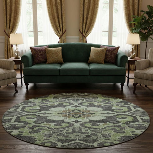 8' Artichoke Green Charcoal And Gray Floral Medallion Washable Round Rug With UV Protection