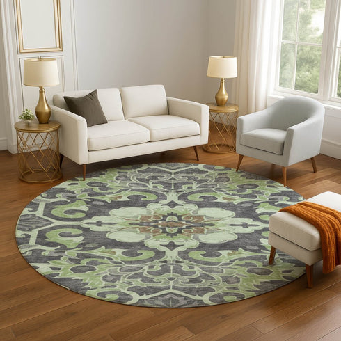8' Artichoke Green Charcoal And Gray Floral Medallion Washable Round Rug With UV Protection