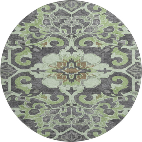 8' Artichoke Green Charcoal And Gray Floral Medallion Washable Round Rug With UV Protection