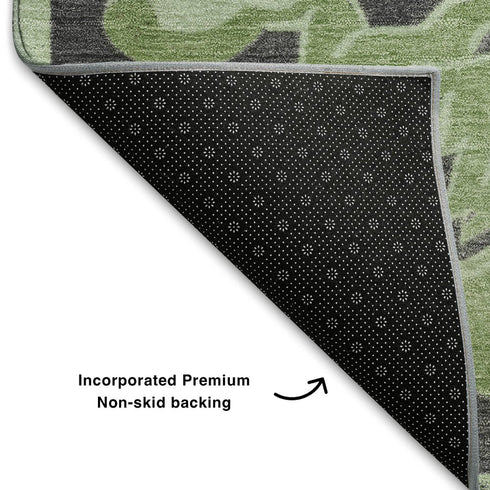 8' Artichoke Green Charcoal And Gray Floral Medallion Washable Round Rug With UV Protection