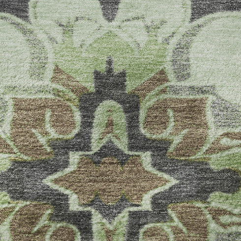 8' Artichoke Green Charcoal And Gray Floral Medallion Washable Round Rug With UV Protection