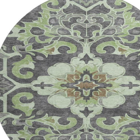 8' Artichoke Green Charcoal And Gray Floral Medallion Washable Round Rug With UV Protection