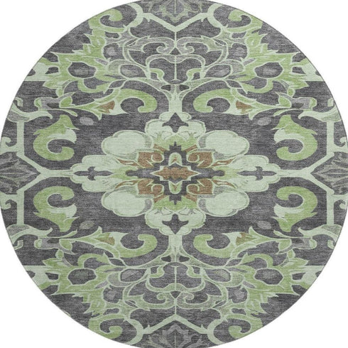 8' Artichoke Green Charcoal And Gray Floral Medallion Washable Round Rug With UV Protection