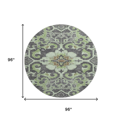 8' Artichoke Green Charcoal And Gray Floral Medallion Washable Round Rug With UV Protection