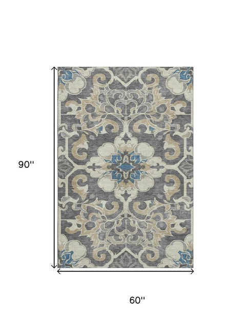 5' X 8' Beige Charcoal And Blue Floral Medallion Washable Area Rug With UV Protection