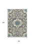 5' X 8' Beige Charcoal And Blue Floral Medallion Washable Area Rug With UV Protection