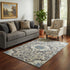 5' X 8' Beige Charcoal And Blue Floral Medallion Washable Area Rug With UV Protection