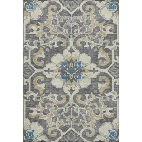 5' X 8' Beige Charcoal And Blue Floral Medallion Washable Area Rug With UV Protection