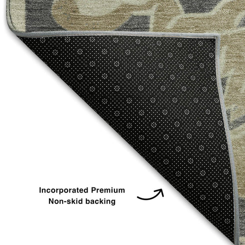 5' X 8' Beige Charcoal And Blue Floral Medallion Washable Area Rug With UV Protection