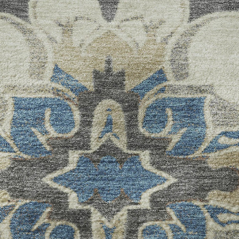 5' X 8' Beige Charcoal And Blue Floral Medallion Washable Area Rug With UV Protection
