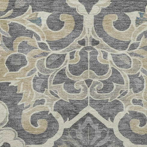 5' X 8' Beige Charcoal And Blue Floral Medallion Washable Area Rug With UV Protection