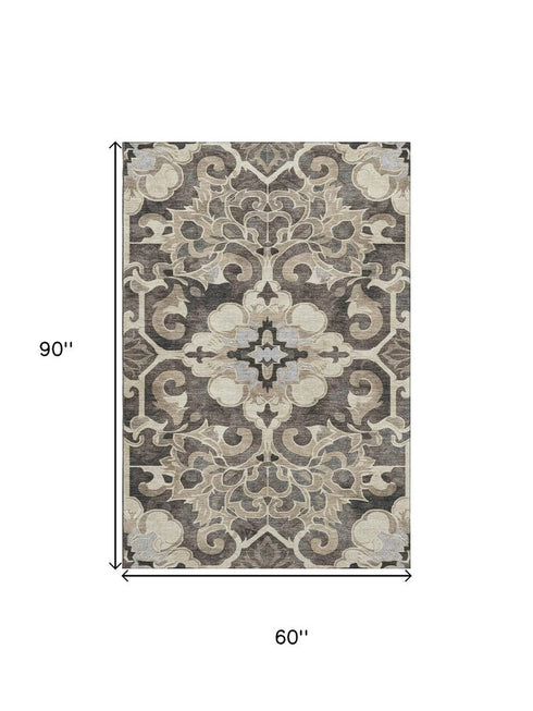 5' X 8' Chocolate Ivory And Gray Floral Medallion Washable Area Rug With UV Protection