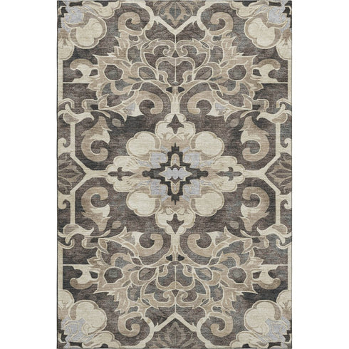 5' X 8' Chocolate Ivory And Gray Floral Medallion Washable Area Rug With UV Protection